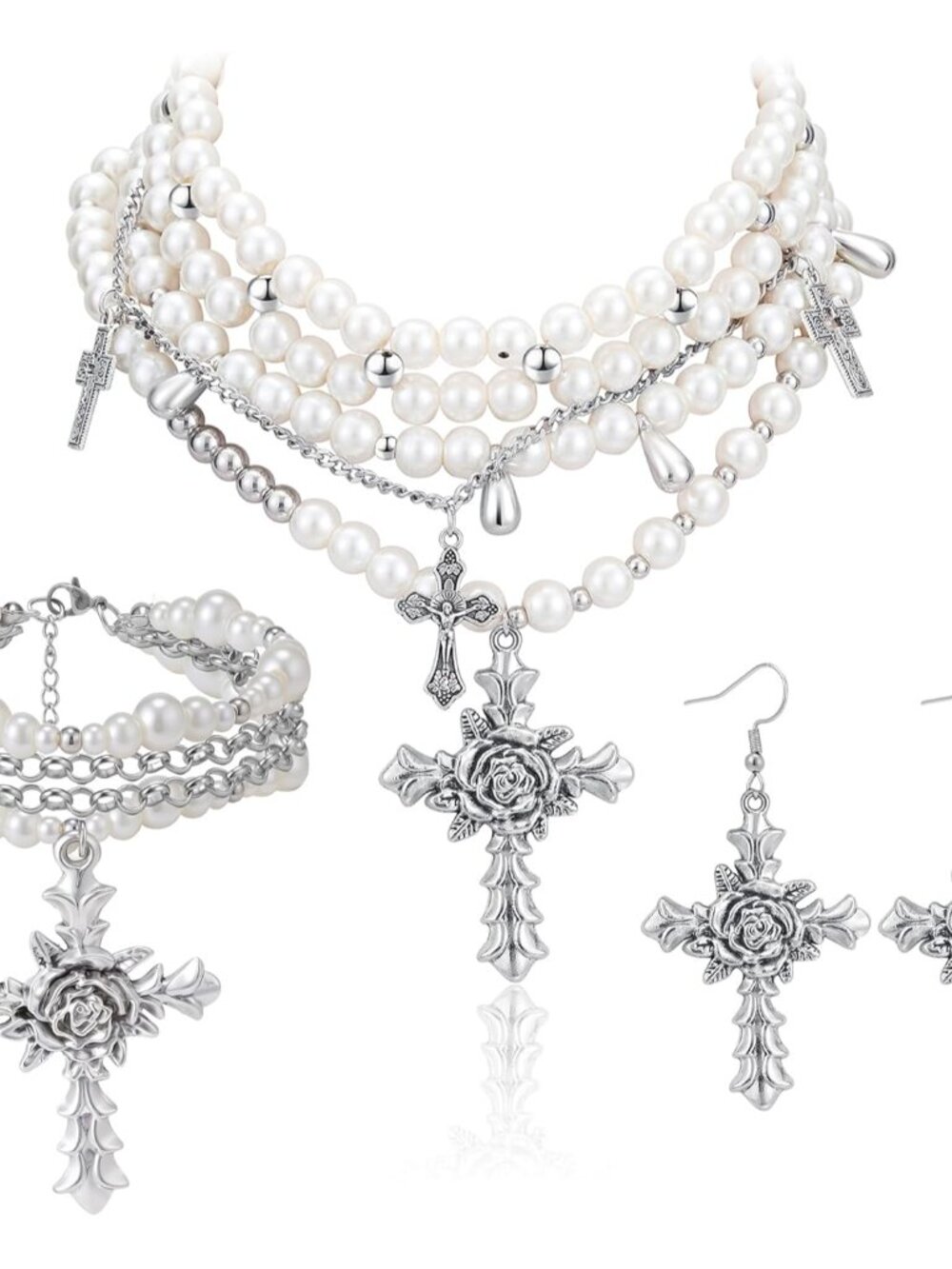 Layered Pearl Cross Jewelry Set Statement Chunky Y2k Gothic Pearl Necklace and E